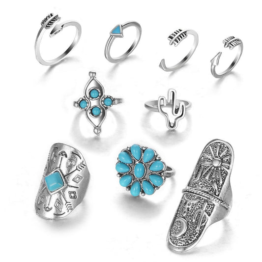 Retro Carved Sapphire 9-Piece Ring Set