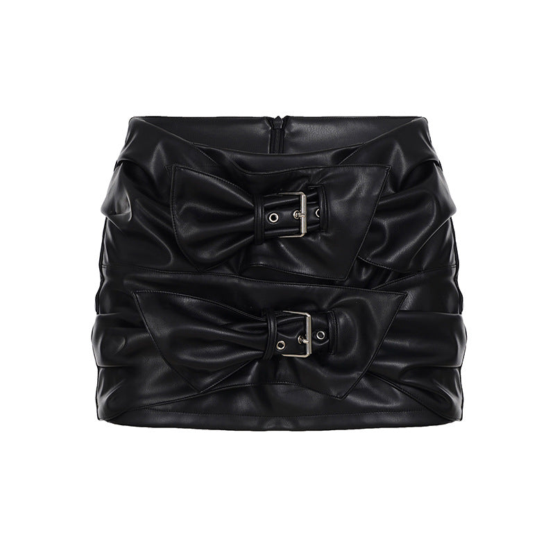 Bow Metal Buckle Leather Short Skirt