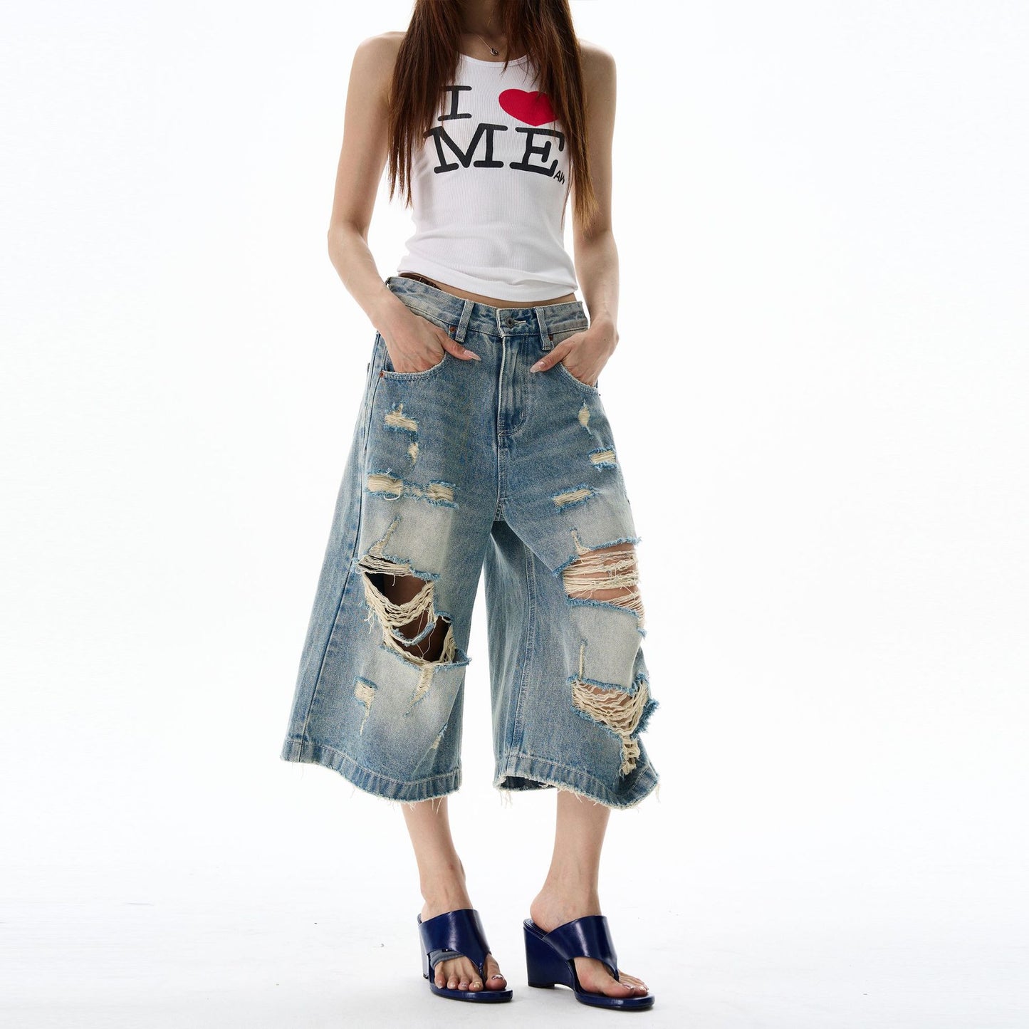 Washed Distressed Wide Leg Shorts