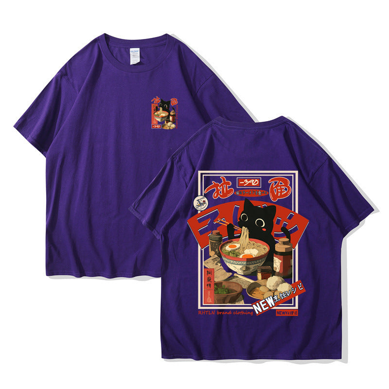 Harajuku Cat Cartoon Eating Noodles Graphic Unisex Casual Short Sleeve T-Shirt