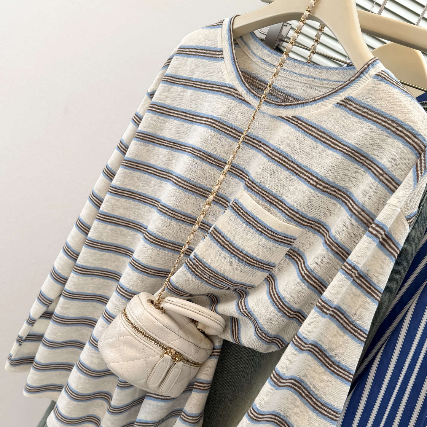 Striped Long Sleeve T-Shirt with Pocket Design for Women