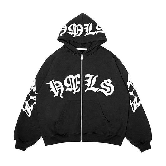 Gothic Letter Printed Oversized Zipper Hoodie
