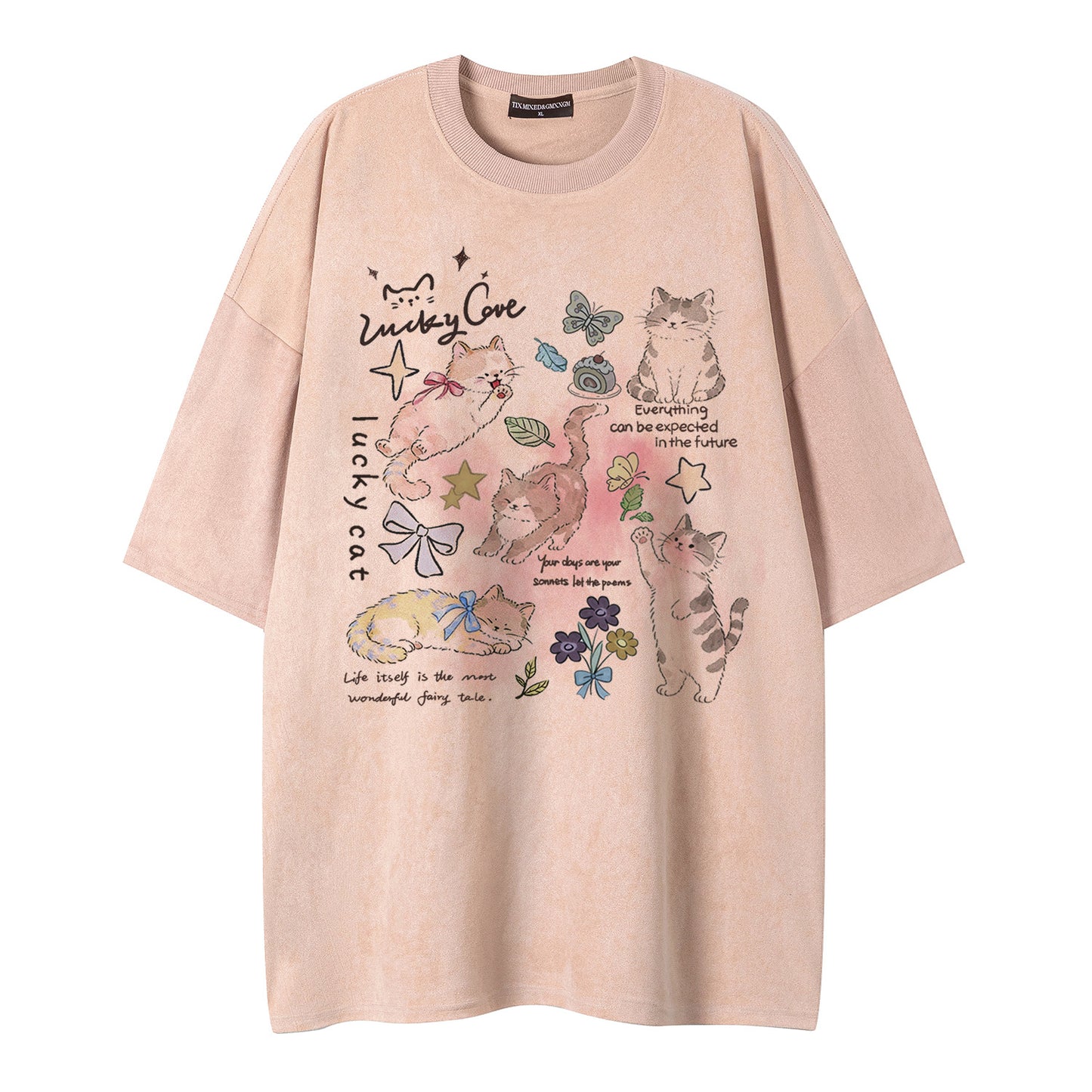 Cat Butterfly Print Short-Sleeved Shirt — Harajuku Style Loose Fit Cotton Blend Tee