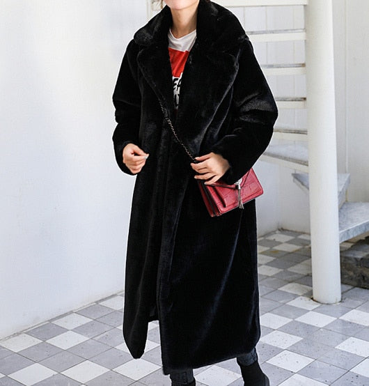 Mid-Length Mink Velvet Faux Fur Coat with Furry Collar