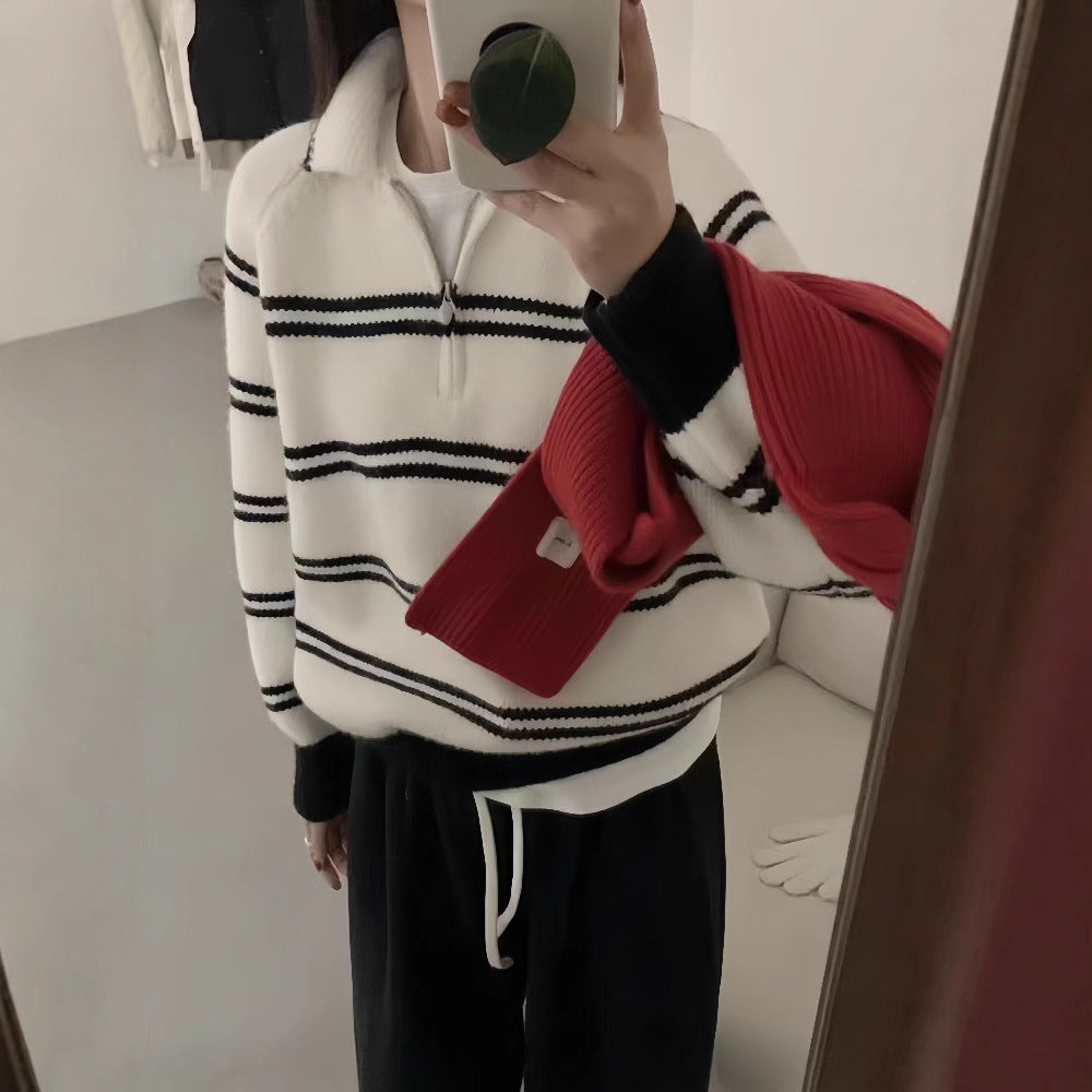 Striped Polo Neck Crewneck Sweater for Women, Half-Zip Turn-Down Collar Soft Knit Top