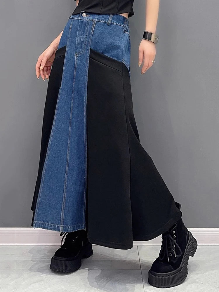 Harajuku Style Color-block Long A-line Denim Skirt
