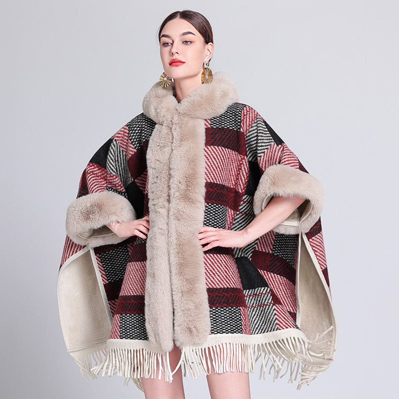 Poncho with Fleece Lining - Thick Knitted Hooded Shawl Featuring Fur Collar and Tassels