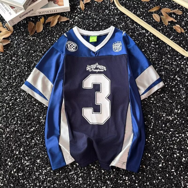 Retro Patchwork V-Neck Ice Hockey T-Shirt
