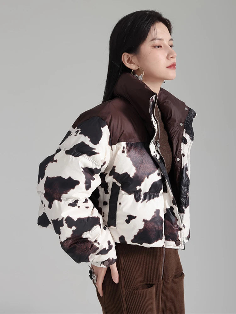 Harajuku Style Cow Pattern Cotton-Padded Coat with Stand Collar