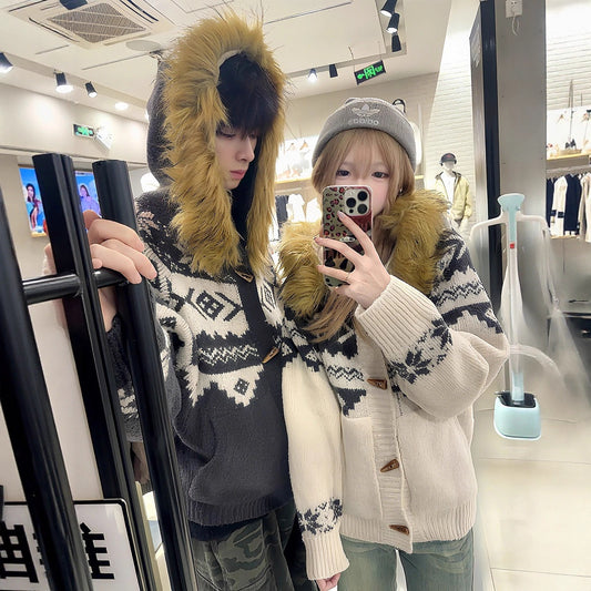 Fair Isle Hooded Knit Cardigan Sweater Unisex Autumn Winter Stylish Outfit Vintage Fur Collar Jacket