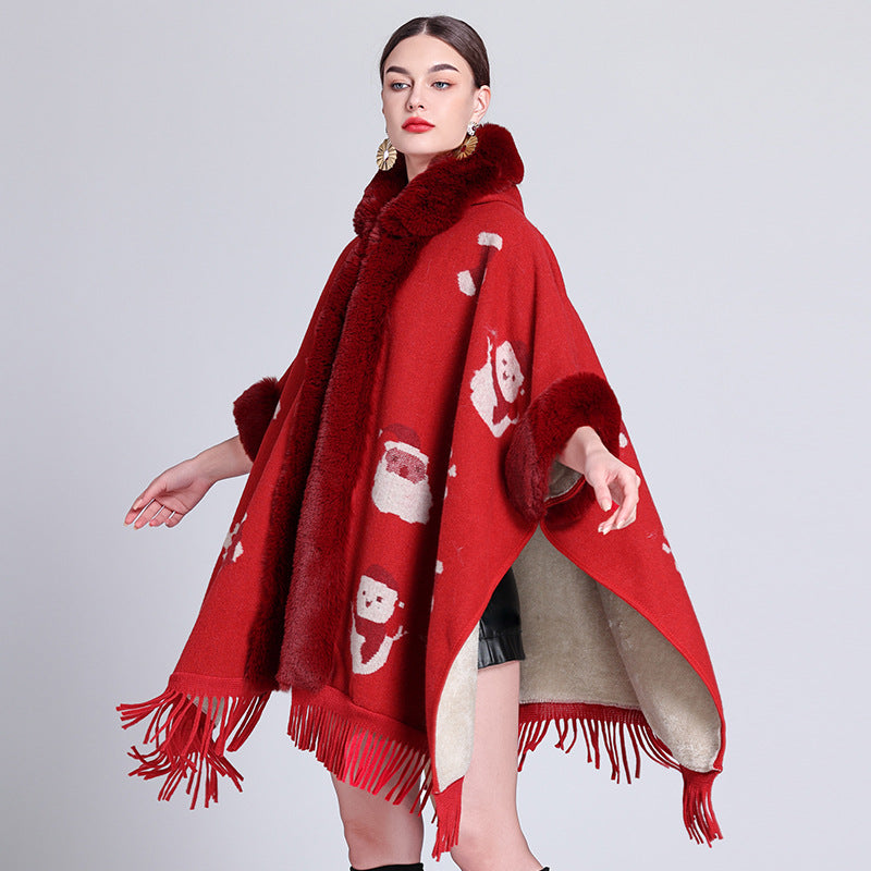 Poncho with Fleece Lining - Thick Knitted Hooded Shawl Featuring Fur Collar and Tassels