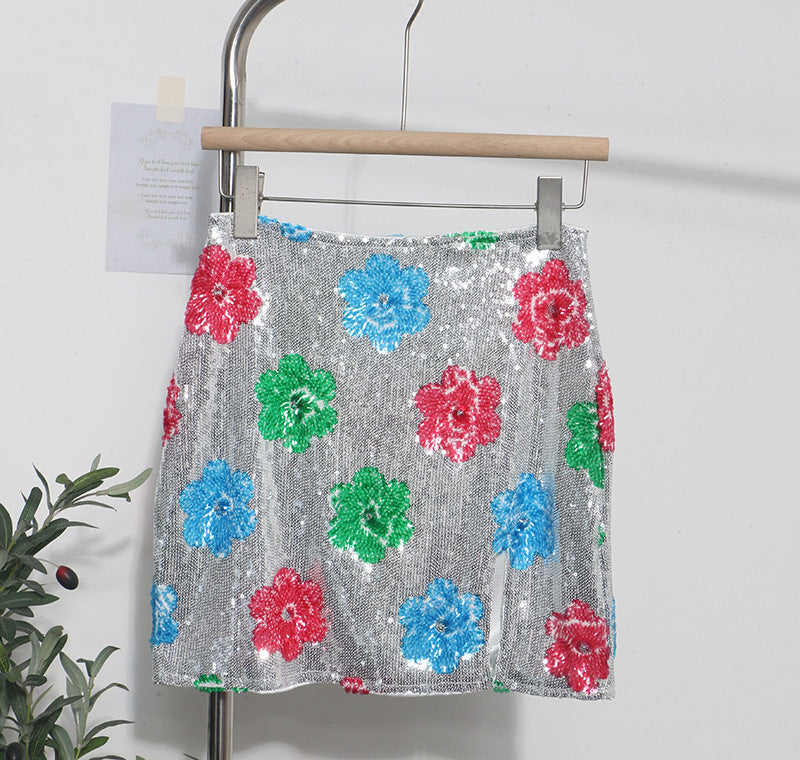 Retro Sparkling Flower Sequin Mini Skirt