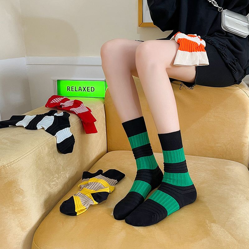 Harajuku Style Pleated Mid-Tube Socks - Contrast Color Cotton