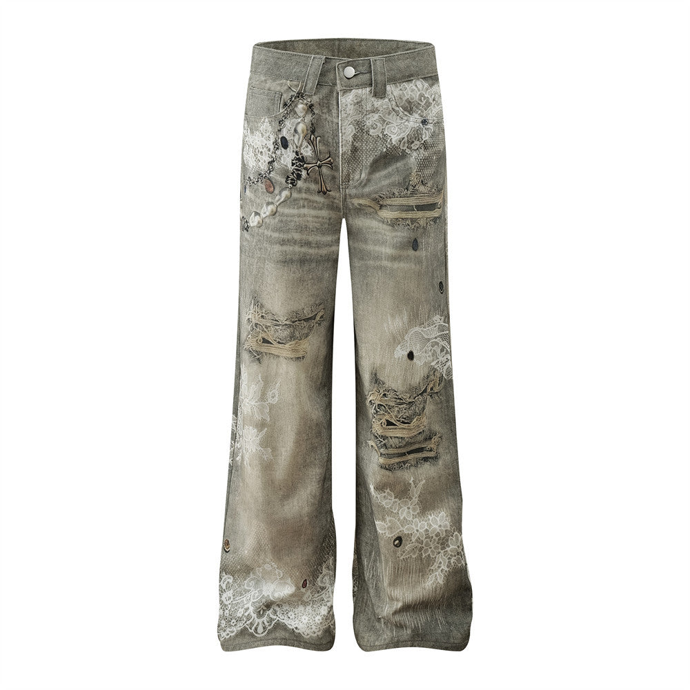 Retro 3D Digital Print Ripped Denim Pants for Men