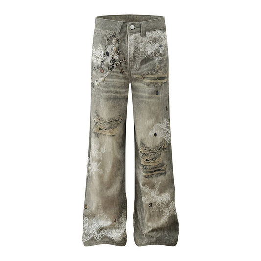 Retro 3D Digital Print Ripped Denim Pants for Men