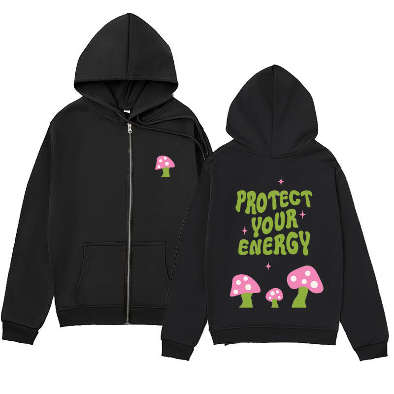 Minimalist Letter Mushroom Print Zipper Hoodie