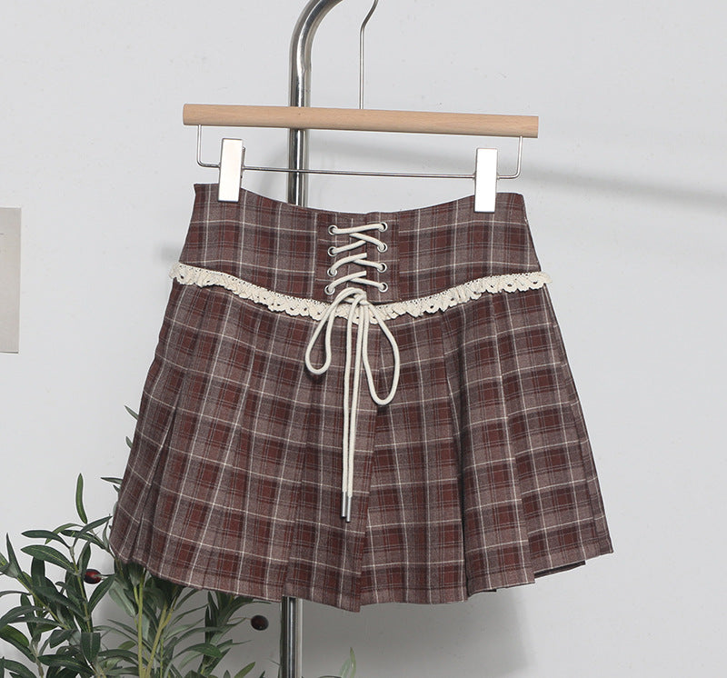 Checkered Midi Skirt with Women's Lace Edge Decoration and Lace-Up Detail, Pleated Short Skirt