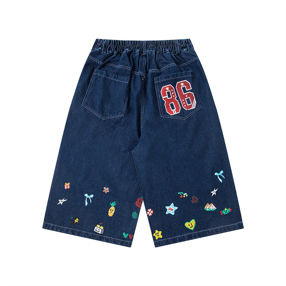 Harajuku Style Fun Cartoon Print Denim Shorts for Men