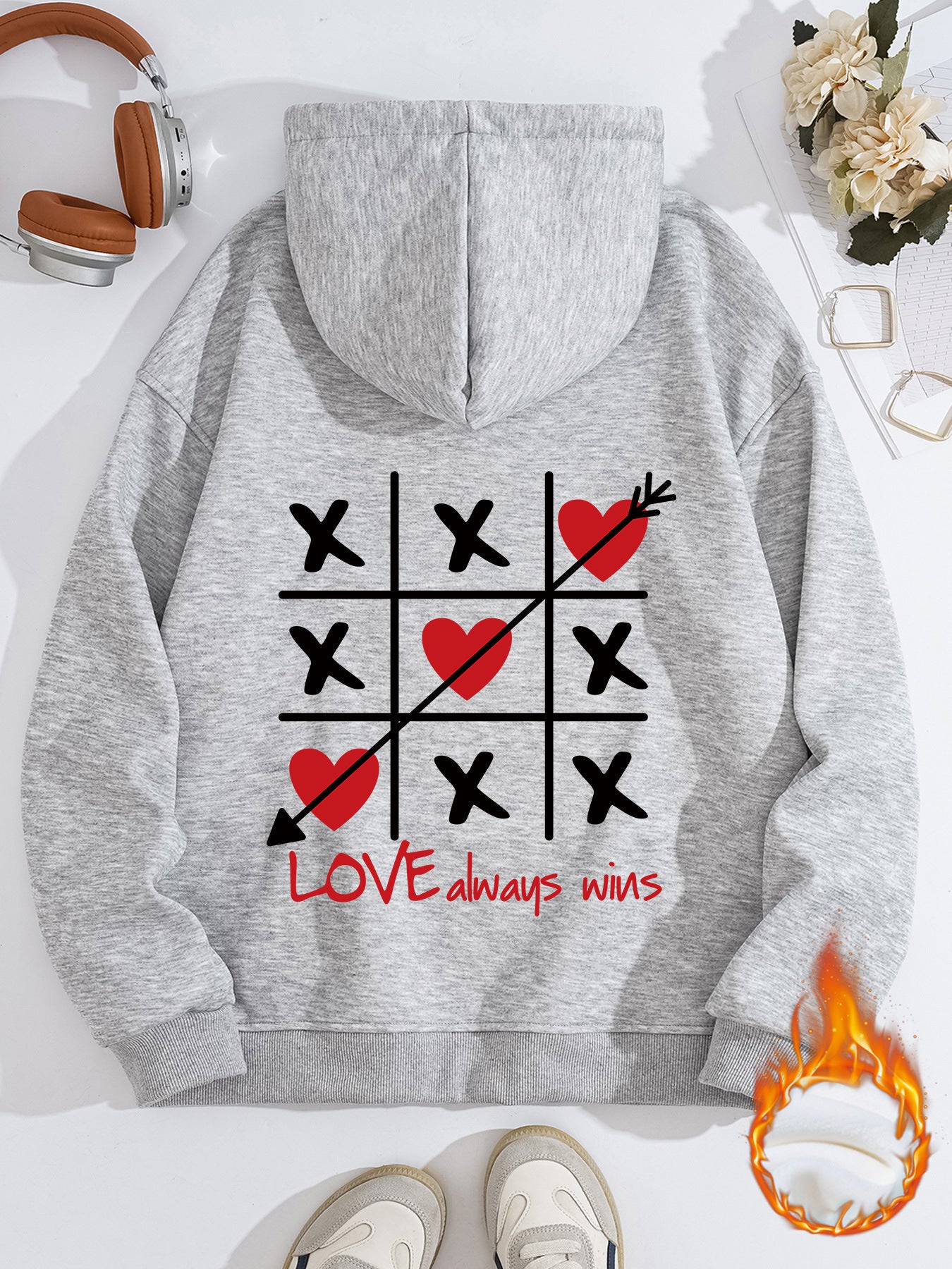 Thick Fleece Hoodie with Love Design