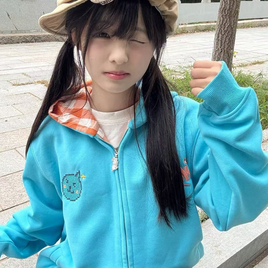 Cartoon Embroidered Zip-Up Hoodie