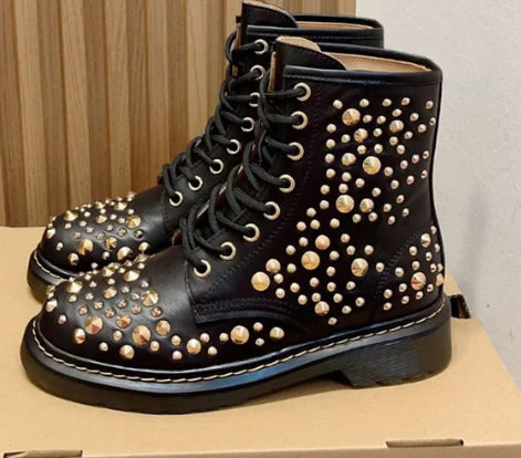 Pink Rivet Lace Up Motorcycle Boots Genuine Leather Flat Platform Girls' Short Ankle Boots Outdoor Fashion Street Boots