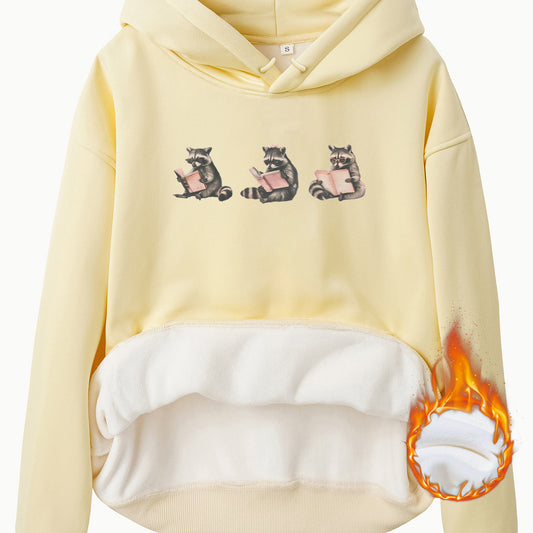 Hooded Long Sleeve Fleece Hoodie with Kangaroo Pocket and Raccoon Print