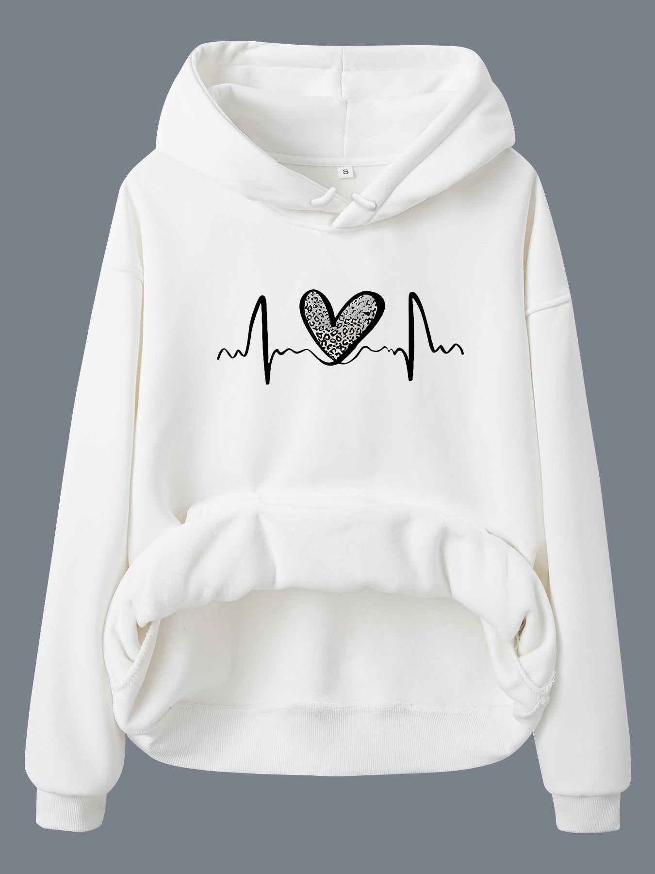 Pocket Hooded Long Sleeved Fleece Sweatshirt with Leopard Print Heart Design