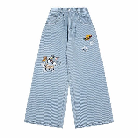 Playful Striped Embroidered Straight Leg Jeans