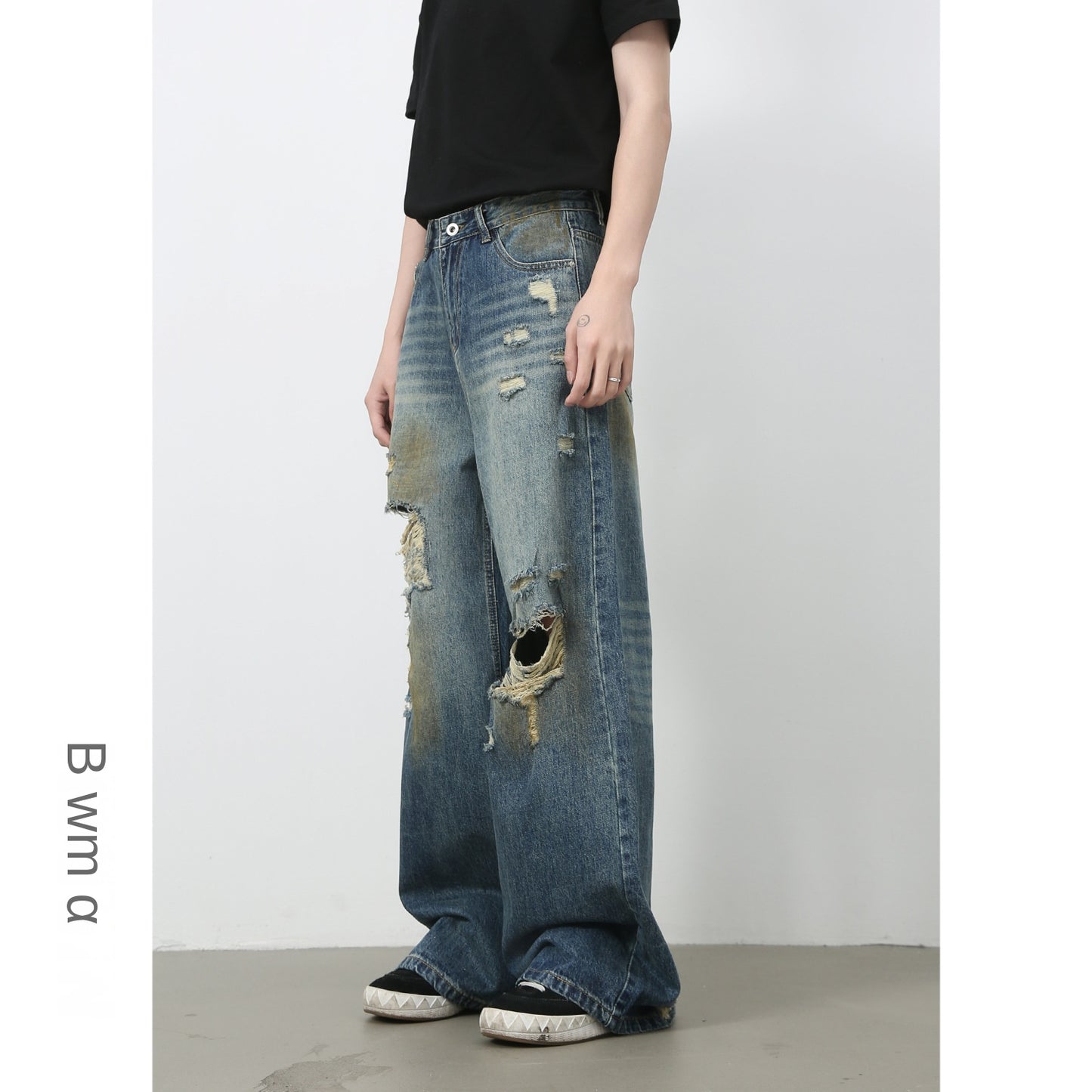 Harajuku Style Distressed Denim Wide-Leg Trousers for Men