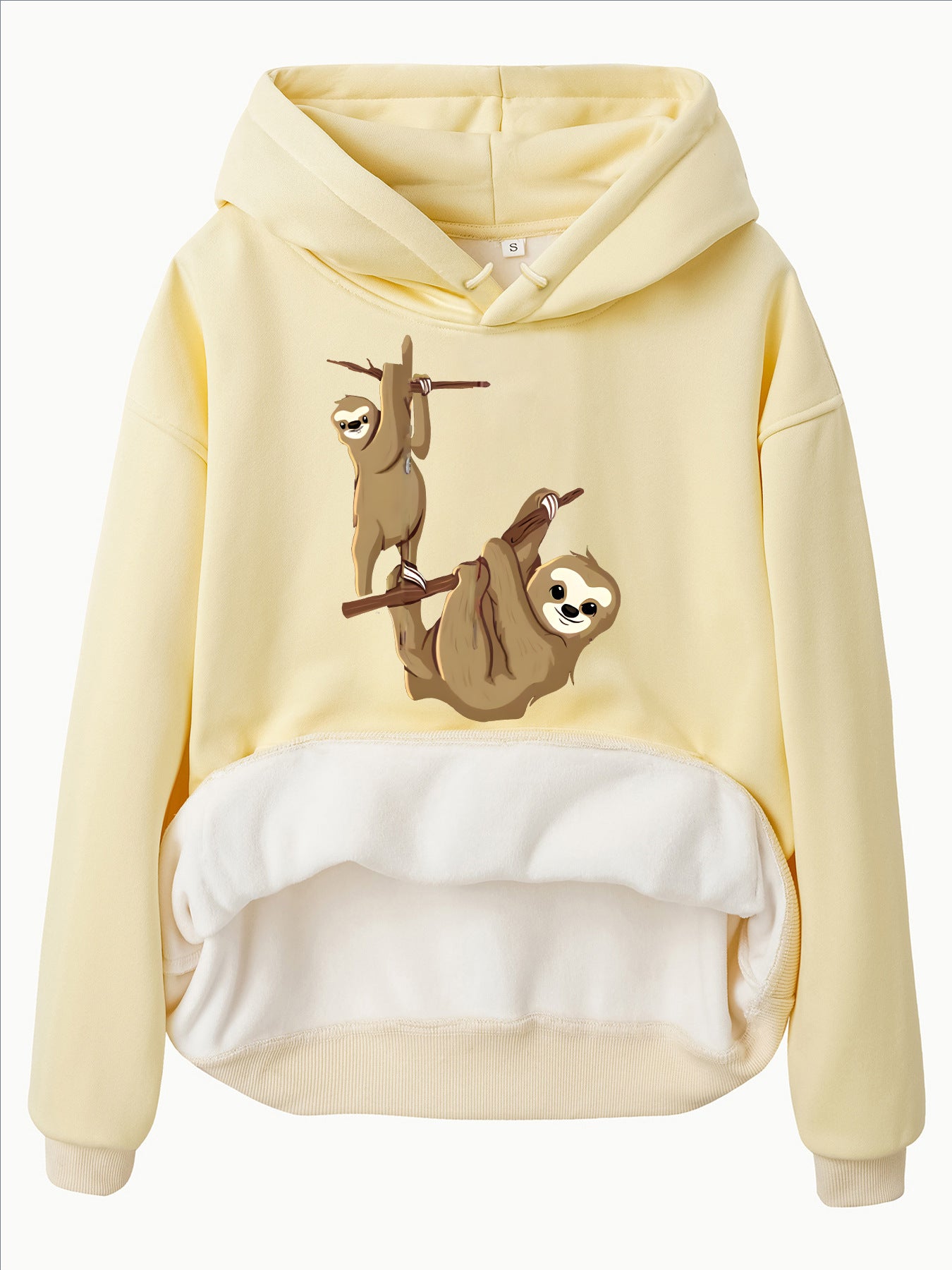Hooded Long Sleeve Velvet Pullover with Sloth Pattern and Kangaroo Pocket