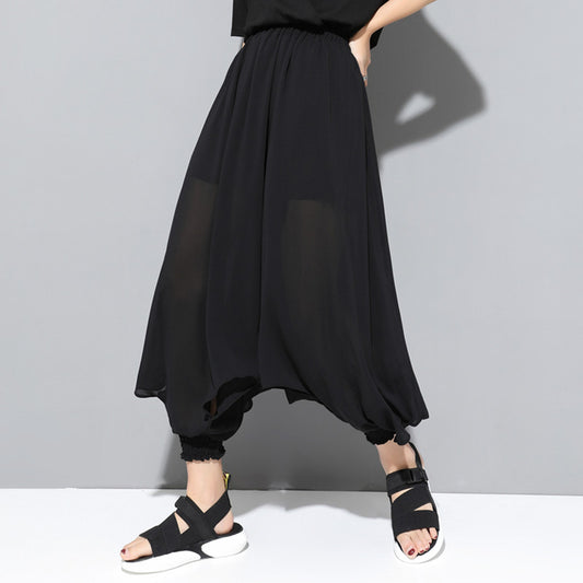 Harajuku Style Women's Black Elastic Waist Chiffon Harem Pants