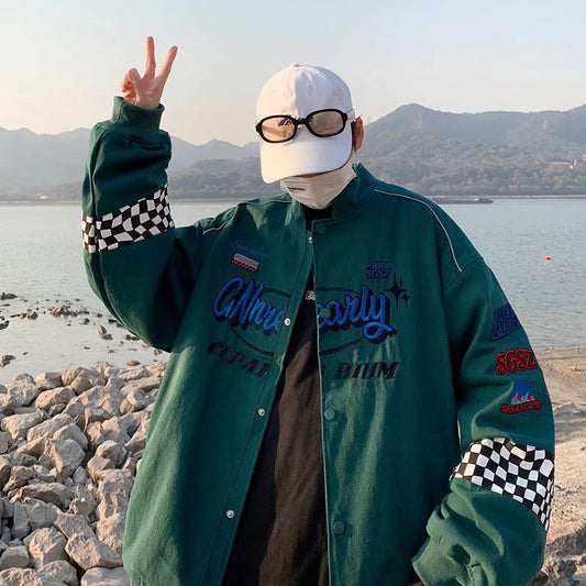 Retro Logo Embroidered Racing Baseball Jacket