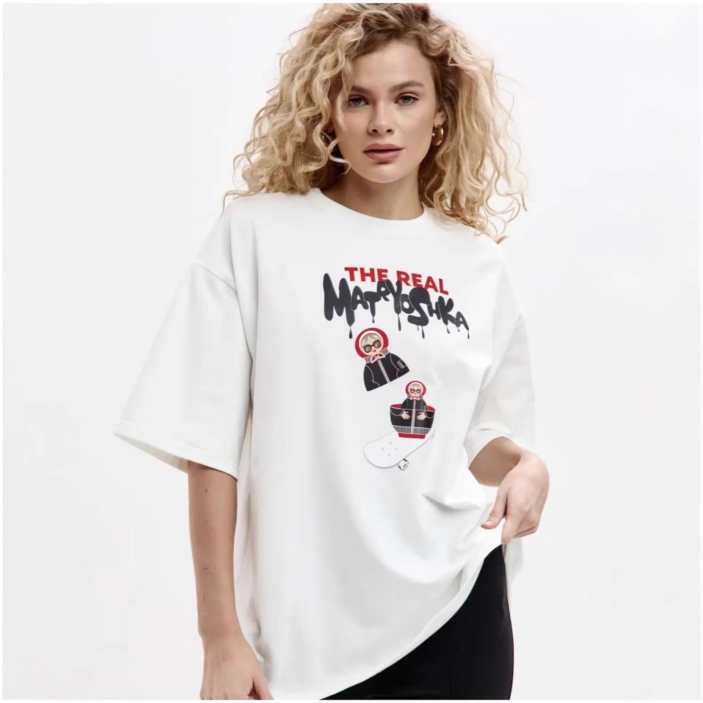 Harajuku Round Neck Short Sleeve Top — Loose Cotton Unisex Tee (White)