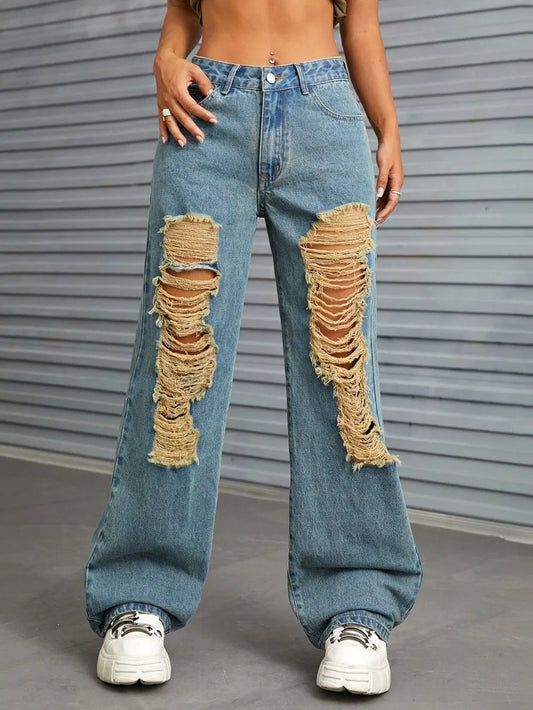 Distressed Wide Leg Jeans with Pockets - Harajuku Style