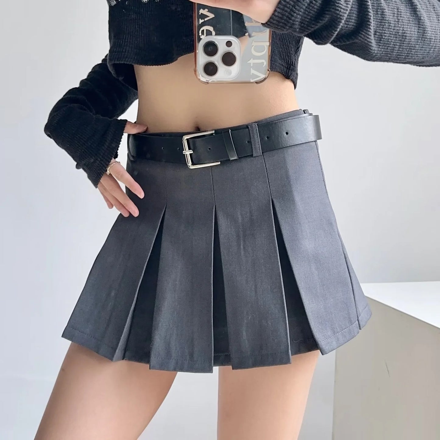 Pleated Mini Skirt with Waist Belt