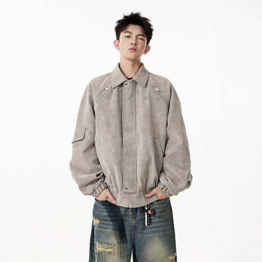 Heavyweight Double-Zipper Motorcycle Leather Jacket for Men - Retro Tie-Dye Workwear Leather Coat with Design Sense and Turn-Down Collar