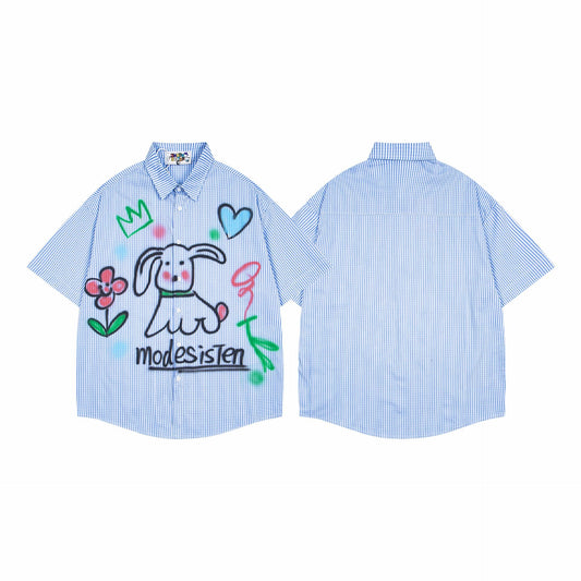 Fun Dog Graffiti Print Stripe Short Sleeve Shirt