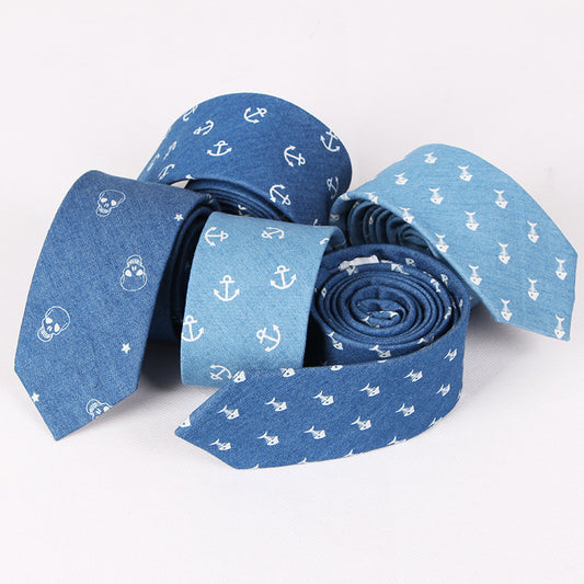 Cotton Tie with Denim Skull Anchor Print