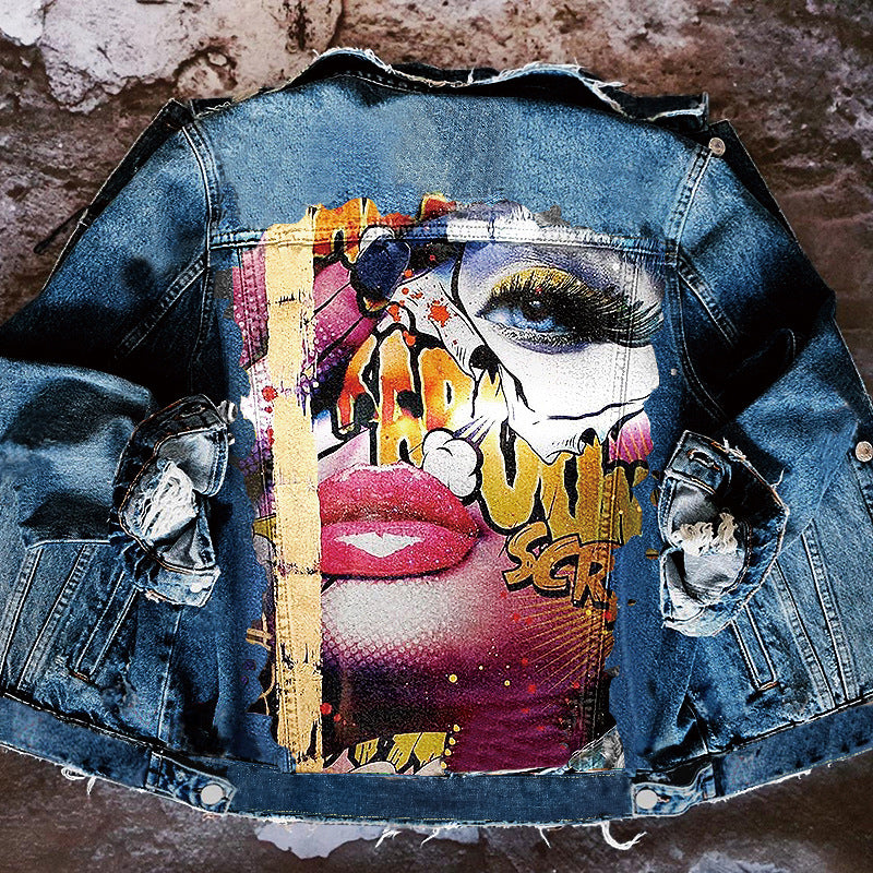 Harajuku Style Women's Tongue Out Print Denim Jacket
