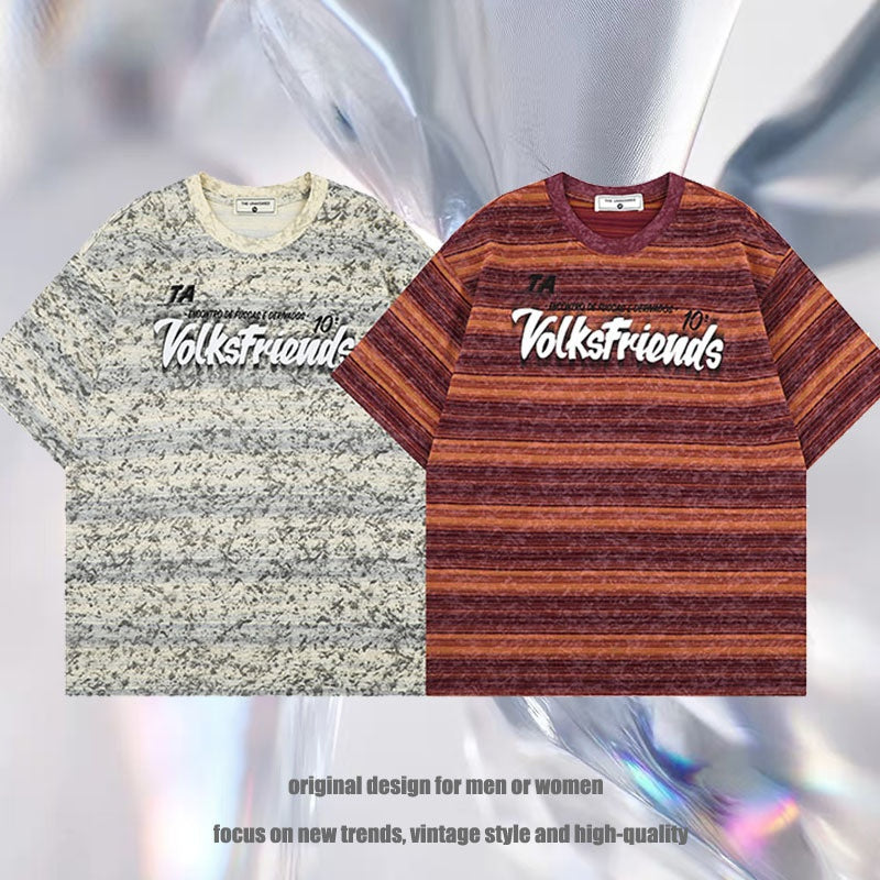 Harajuku Style Letter Print Stripe Loose Fit T-Shirt for Men