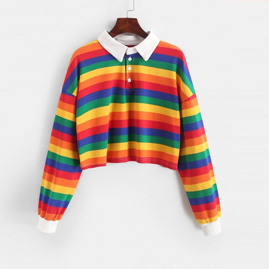 Rainbow Striped Long Sleeve Hooded Polo Shirt for Women