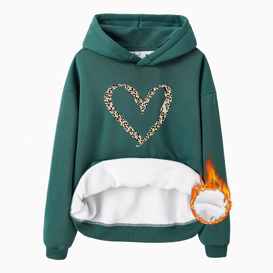 Hooded Long Sleeve Fleece Hoodie with Kangaroo Pocket and Heart-Shaped Print