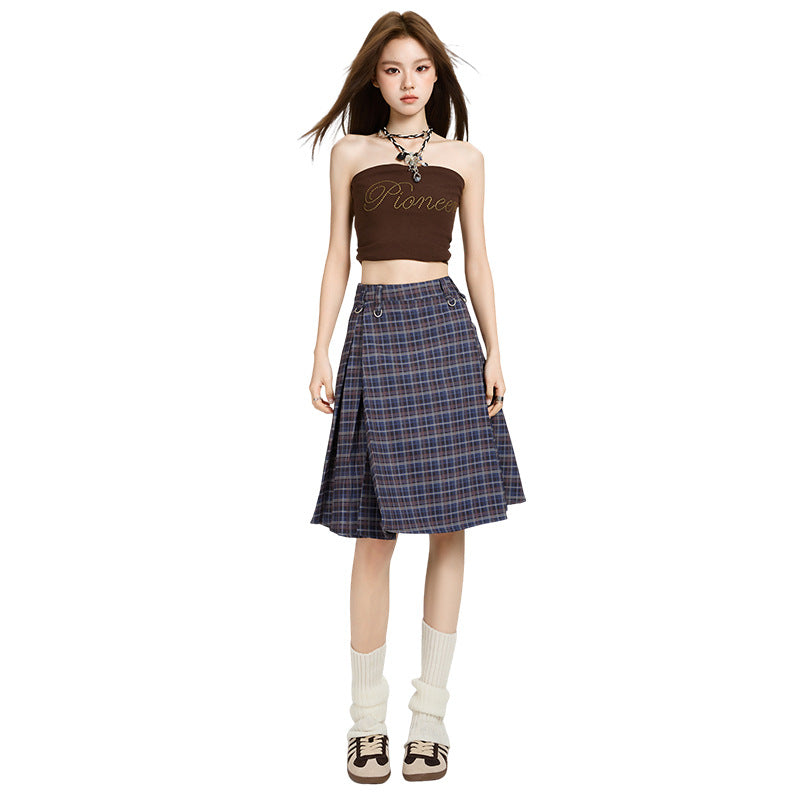 Women's College Style Plaid A-Line Summer Pleated Skirt in Blue Plaid
