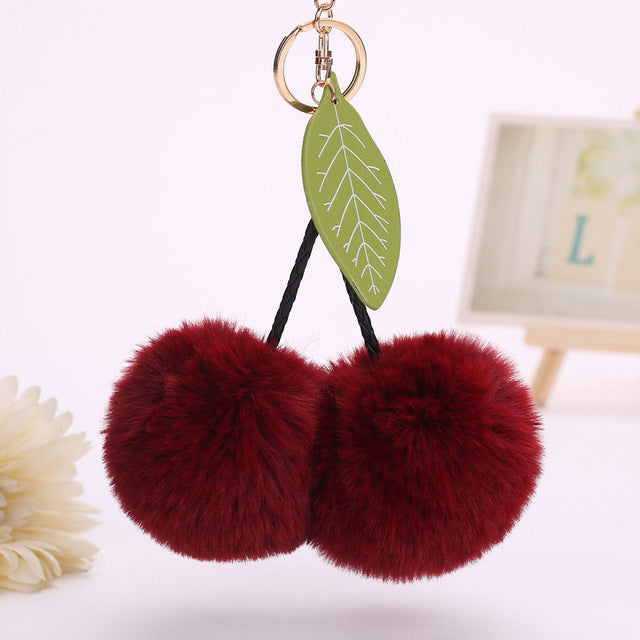 Faux Rabbit Fur Ball Pompom Cherry Keychain