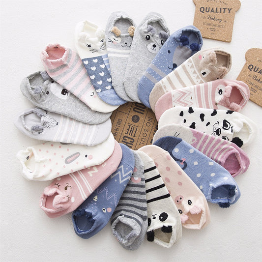 Kawaii Cat & Dog Cotton Socks for Women - Summer Boat Style