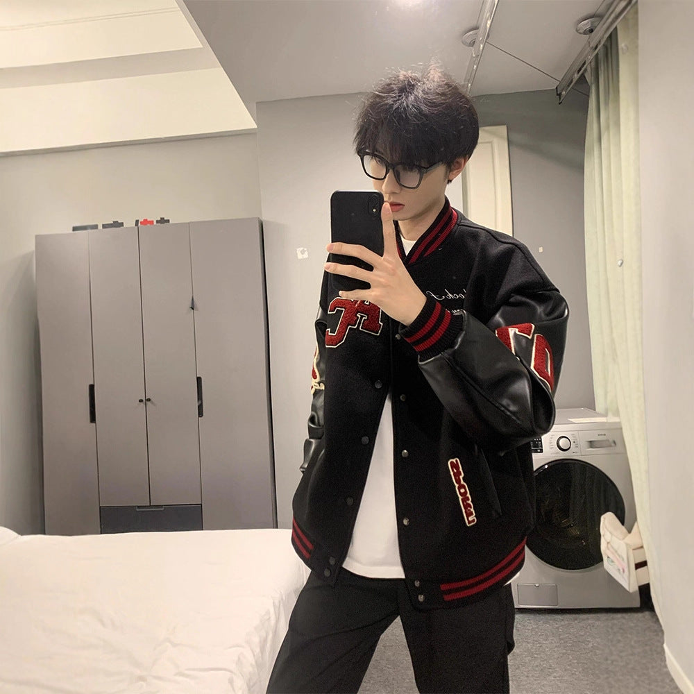 Vintage Streetwear Baseball Jacket with Patchwork Leather Sleeves and Embroidery for Couples - Autumn and Winter Fashion Coat