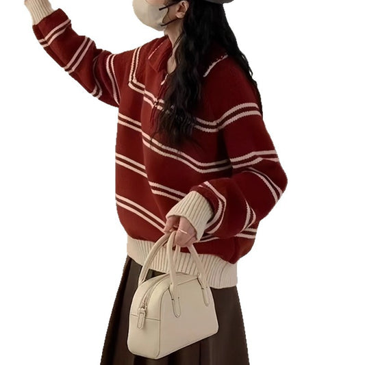 Striped Polo Neck Crewneck Sweater for Women, Half-Zip Turn-Down Collar Soft Knit Top