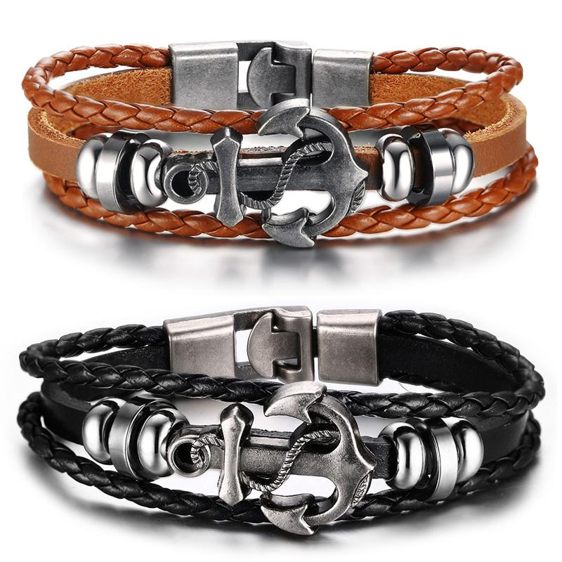 Harajuku Black Braided Leather Anchor Bracelet for Men