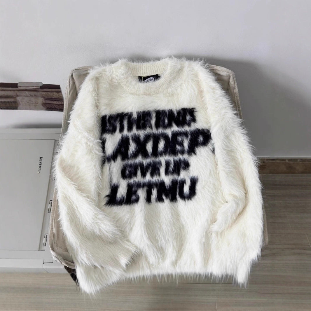 Loose Letter Imitation Mink Fur Lazy Style Round Neck Knitted Sweater