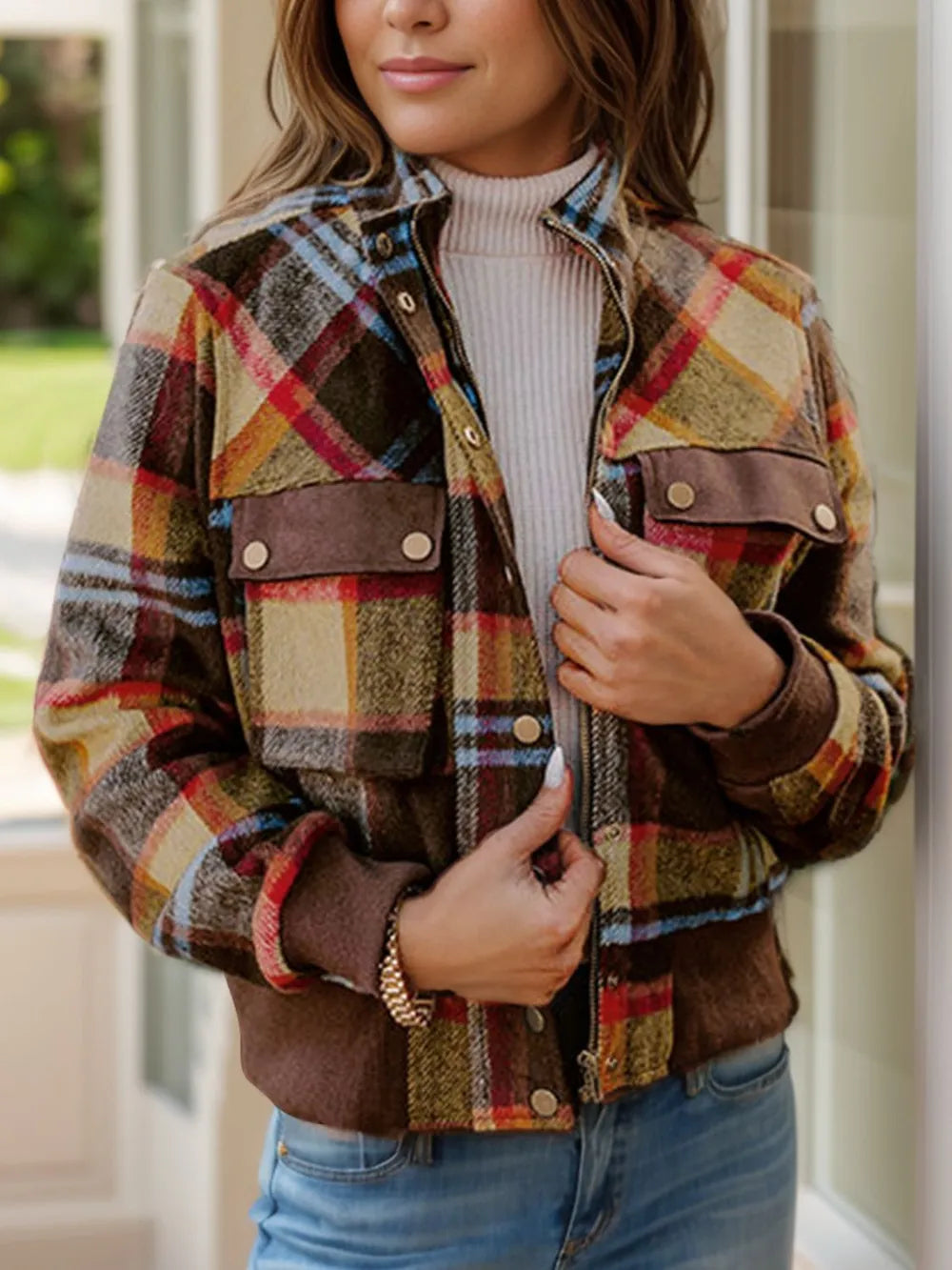 Harajuku Pocketed Plaid Long Sleeve Jacket